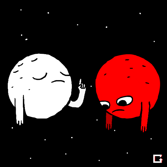 gif of two planets in space. The one on the left is shaking its finger disapprovingly and the one on the right is staring down looking sad