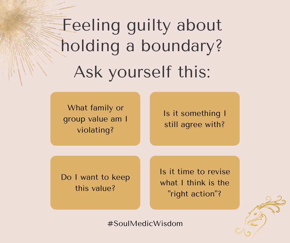Image of a question with four possible answers. Question reads "Feeling guilty about holding a boundary? Ask yourself this:" Answers in four different squares read "What family or group value am I violating?" or "Is it something I still agree with?" or "Do I want to keep this value?" or "Is it time to revise what I think is the 'right action'?"