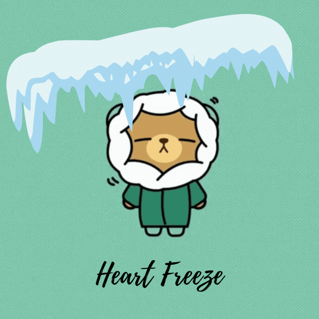 gif of a cartoon bear dressed in a winter coat and freezing into an ice cube with the text "too many compliments" over his head and the title Heart Freeze at the bottom