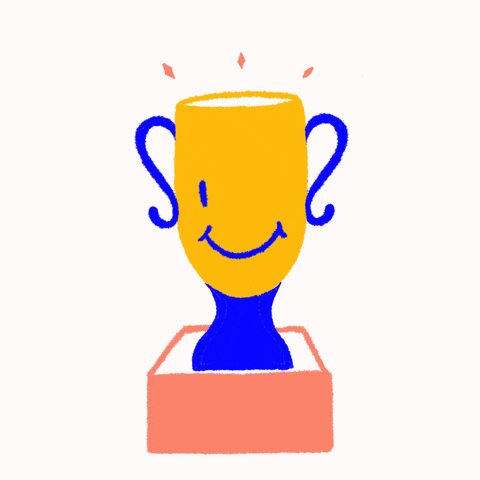 gif of a cartoon trophy with the words "me first" appearing on the front