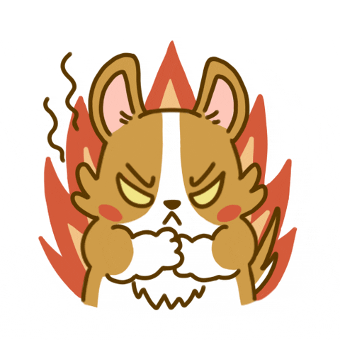 an animated corgi with angry eyes and flames all around him