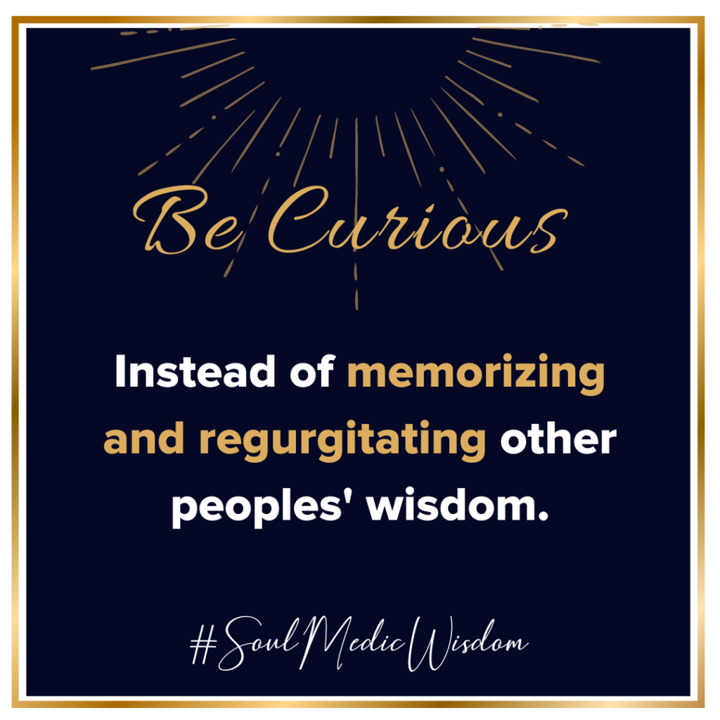 Image with text reading "Be curious instead of memorizing and regurgitating other peoples' wisdom." #SoulMedicWisdom