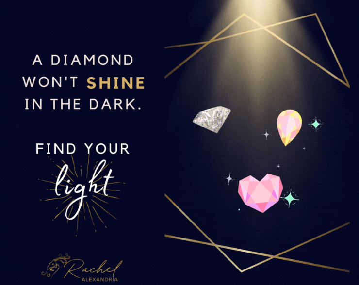 gif of an image in two parts with a dark background. The left side has text reading "A diamond won't shine in the dark. Find your light." The right side has a light shining from the top onto jewels shining and gleaming.