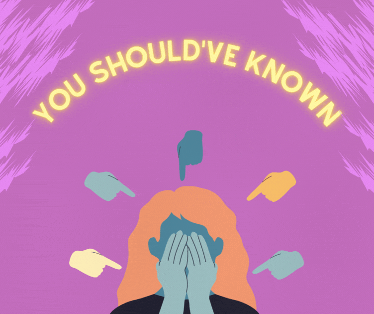 gif of a person with fingers pointing at them with text reading "You should've known better!" floating above their head