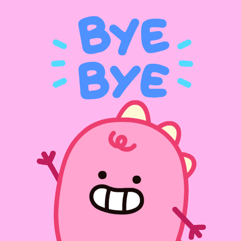 gif with a pink background and a smiling baby dinosaur face waving with the words "bye bye" above his head