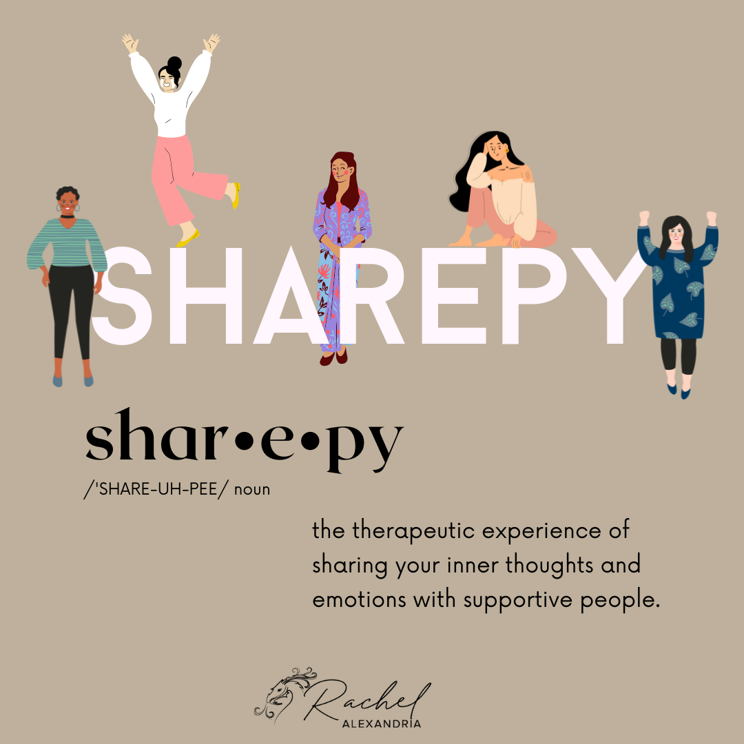 Image of word definition for Sharepy. Sher-uh-pee: the therapeutic experience of sharing your inner thoughts and emotions with supportive people. 